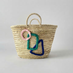 Geometric Embroidered Woven Straw Market Basket Tote