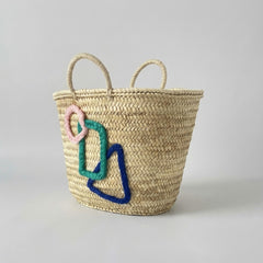 Geometric Embroidered Woven Straw Market Basket Tote