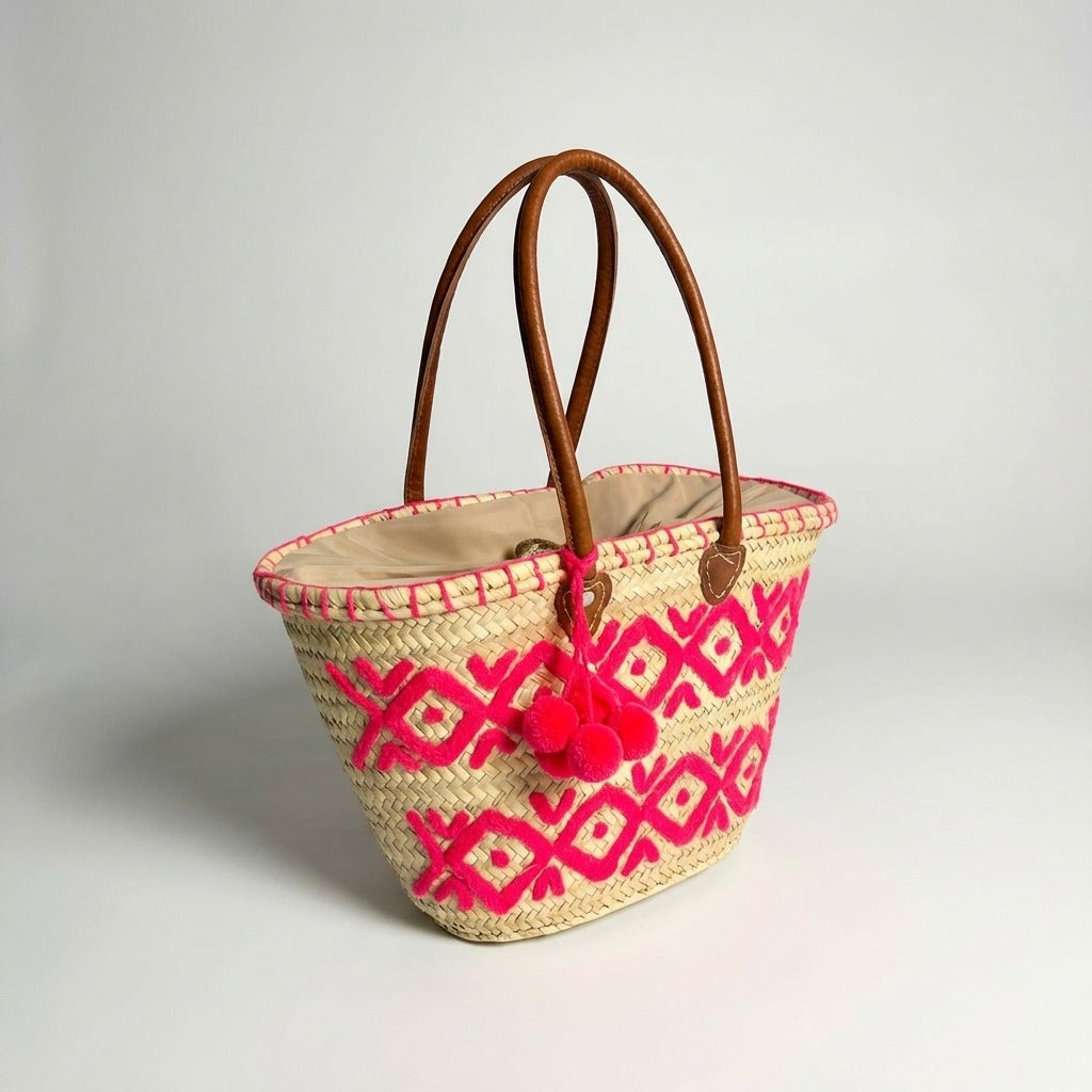 Handwoven Pink Arabesque Straw Tote Bag with Leather Handles & Pom Pom | Bohemian Beach Market Bag