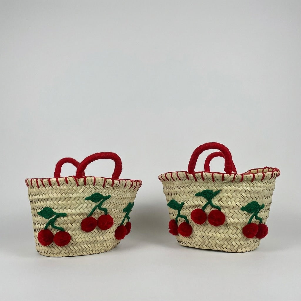 Woven Straw Cherry Basket Tote Bag with Red Pom Pom Details
