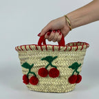 Woven Straw Cherry Basket Tote Bag with Red Pom Pom Details