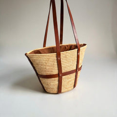 Raffia Market Basket Tote – Real Leather Straps, Woven Straw