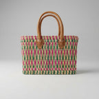 Handmade Reed Market Basket Tote with Leather Handles