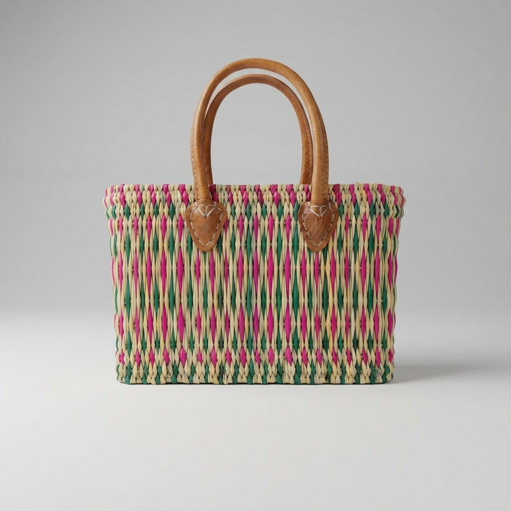 Handmade Reed Market Basket Tote with Leather Handles