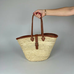 Chic Woven Straw Tote Bag with Leather Handles & Buckle