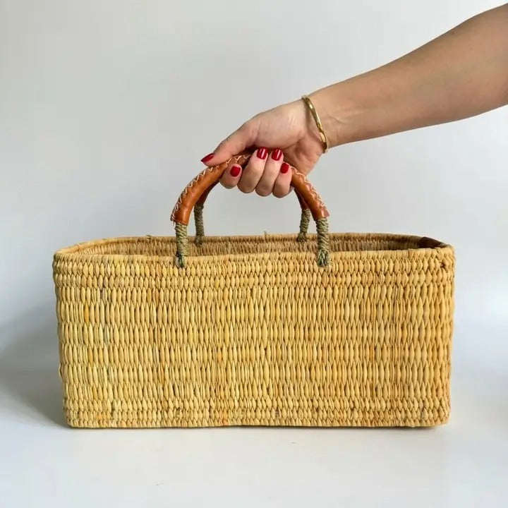 Rectangular Straw Storage Basket with Leather Handles