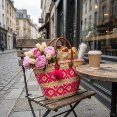 Handwoven Pink Arabesque Straw Tote Bag with Leather Handles & Pom Pom | Bohemian Beach Market Bag