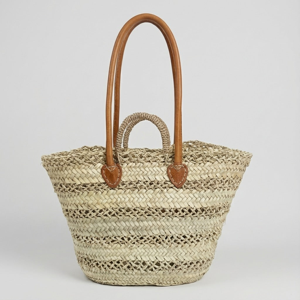 French Market Basket with Double Leather Handles - Woven Straw Tote