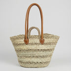 French Market Basket with Double Leather Handles - Woven Straw Tote