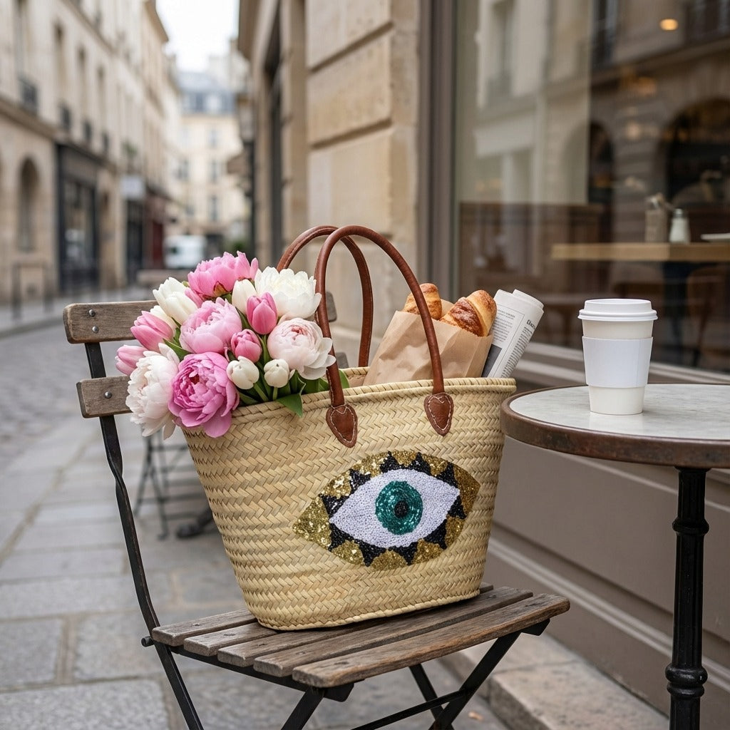 Evil Eye Straw Bag, Large Sequin Woven Market Tote & Leather Handles