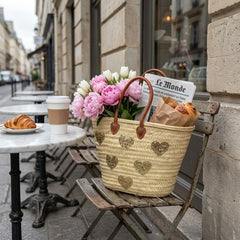 Gold Glitter Heart Straw Tote Bag with Leather Handles - Summer Beach Handbag