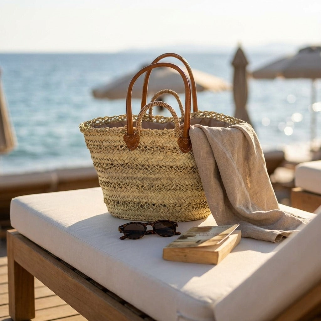 French Market Basket with Double Leather Handles - Woven Straw Tote