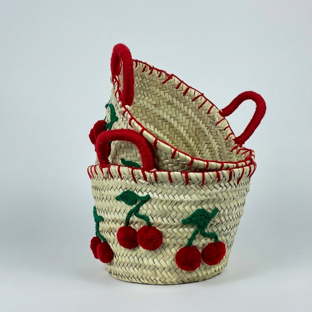 Woven Straw Cherry Basket Tote Bag with Red Pom Pom Details