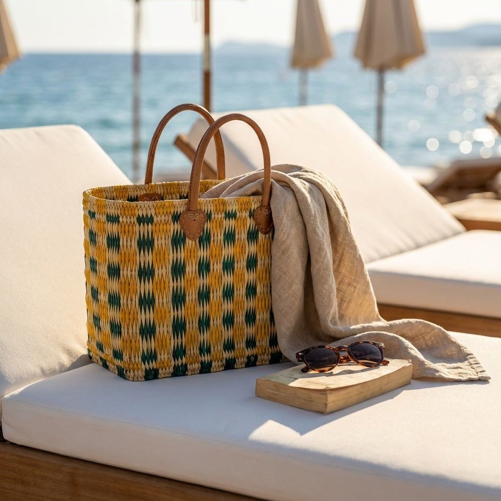 Handmade Reed Market Basket Tote Bag - Orange Green Geometric Pattern