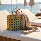 Handmade Reed Market Basket Tote Bag - Orange Green Geometric Pattern