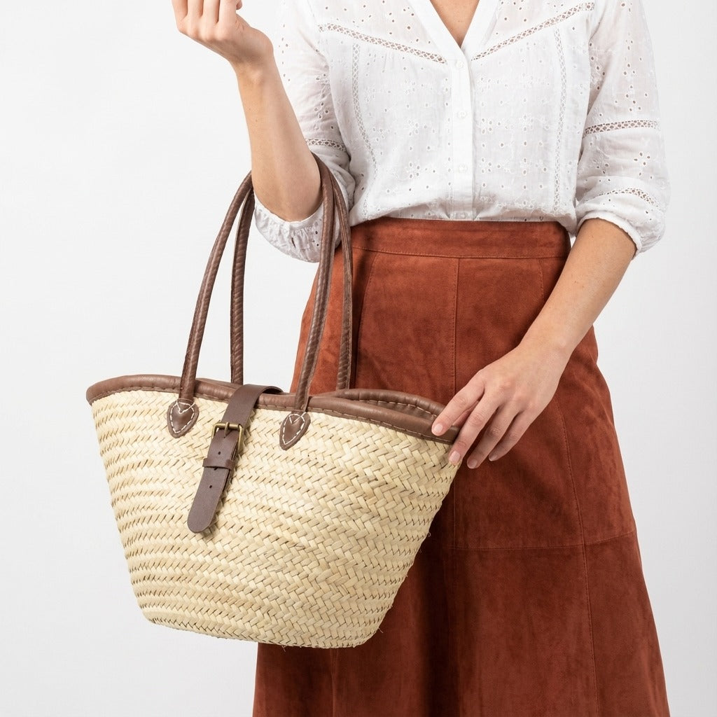 French Market Basket Straw Tote Bag with Leather Handles & Buckle Strap