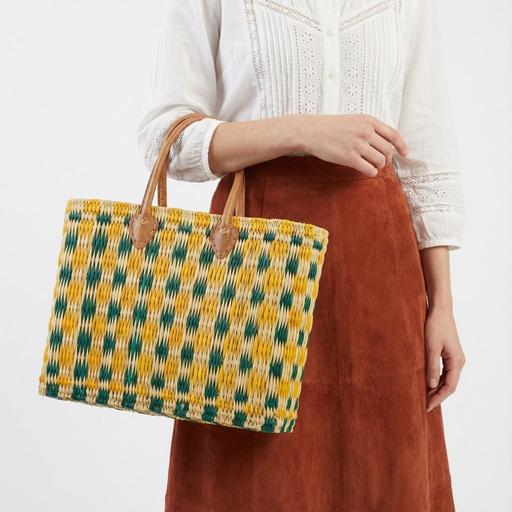 Handmade Reed Market Basket Tote Bag - Orange Green Geometric Pattern