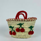 Woven Straw Cherry Basket Tote Bag with Red Pom Pom Details