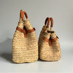 Woven Straw Tote Bag with Leather Handles & Strap - Summer Basket