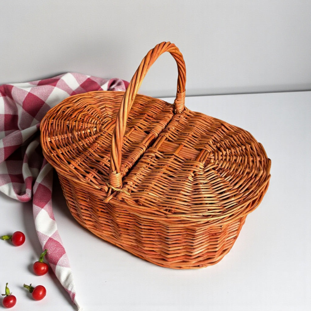 Handmade Wicker Picnic Basket with Double Lid - Oval Willow Hamper