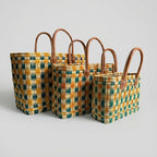 Handmade Reed Market Basket Tote Bag - Orange Green Geometric Pattern