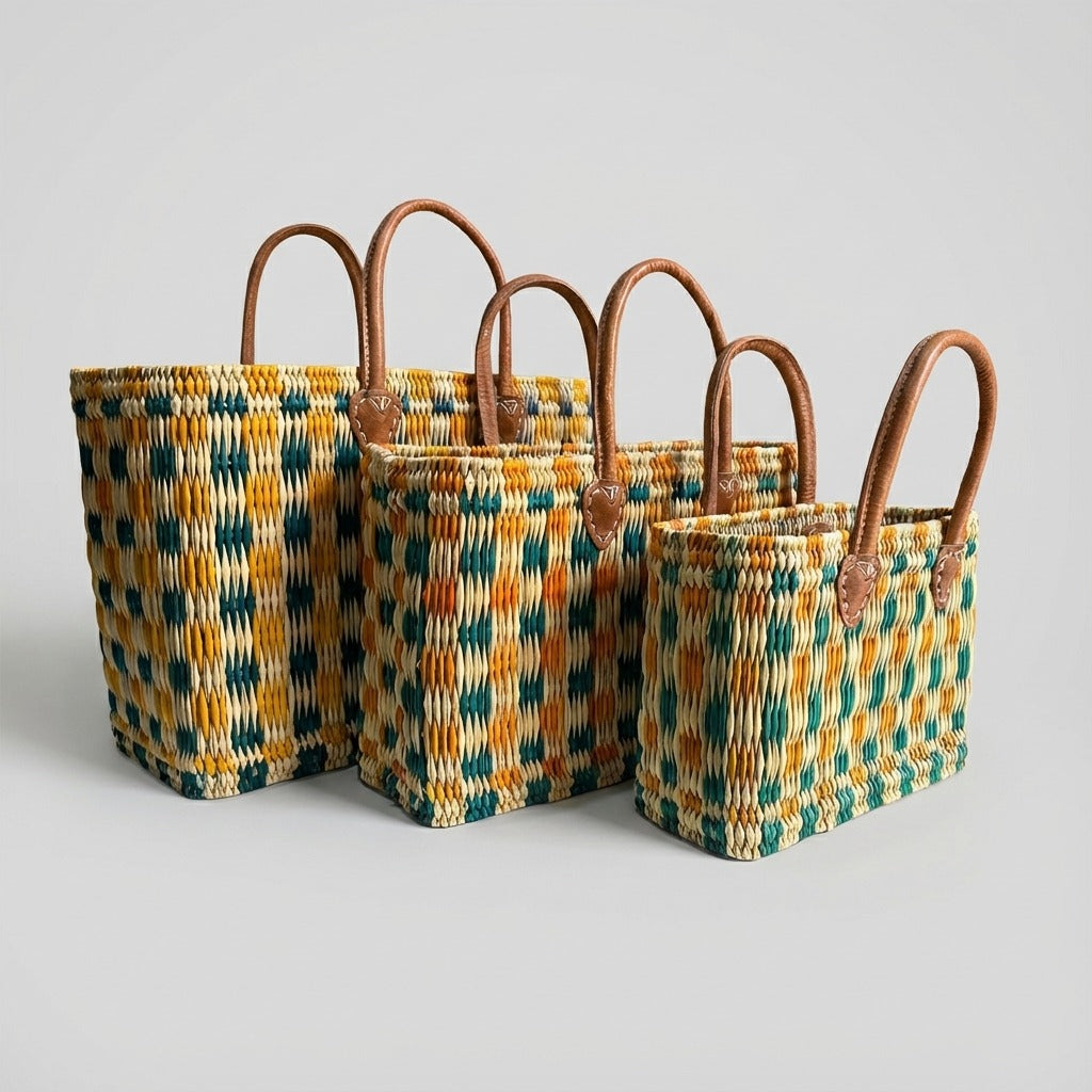Handmade Reed Market Basket Tote Bag - Orange Green Geometric Pattern