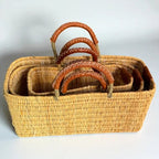 Rectangular Straw Storage Basket with Leather Handles