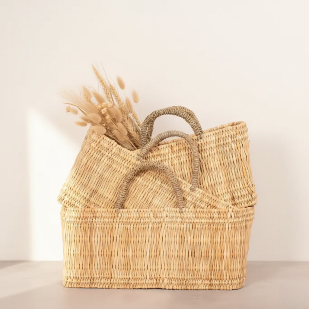 Woven Reed Storage Basket with Handles - Natural Rectangular Organizer