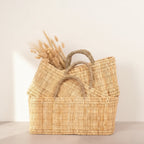 Woven Reed Storage Basket with Handles - Natural Rectangular Organizer