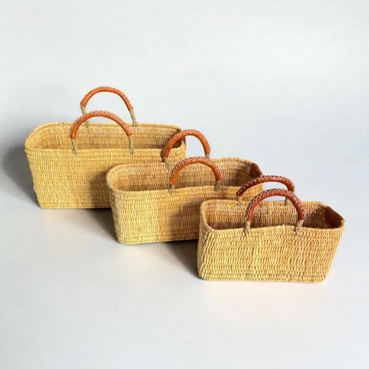 Rectangular Straw Storage Basket with Leather Handles