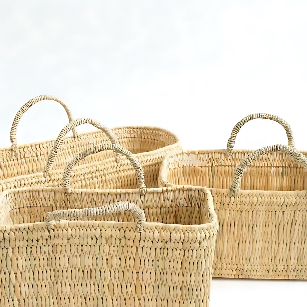 Woven Reed Storage Basket with Handles - Natural Rectangular Organizer