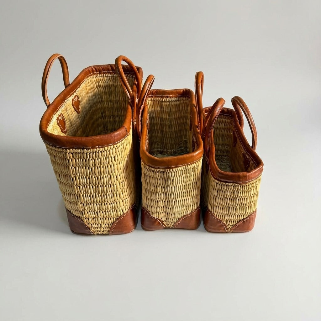French Market Basket with Leather Handles - Woven Straw Tote Bag
