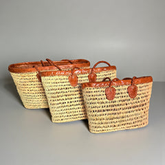 Raffia Tote – Woven Straw Basket Bag with Real Leather Trim
