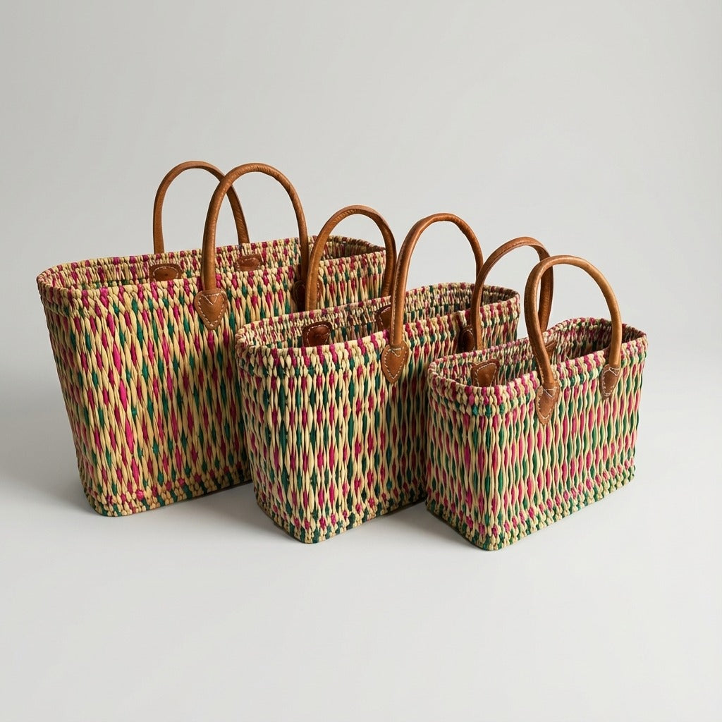 Handmade Reed Market Basket Tote with Leather Handles