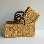 Rectangular Straw Storage Basket with Leather Handles