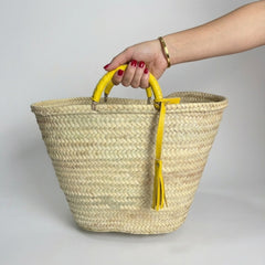 Woven Palm Leaf Market Basket Leather Handles Tassel