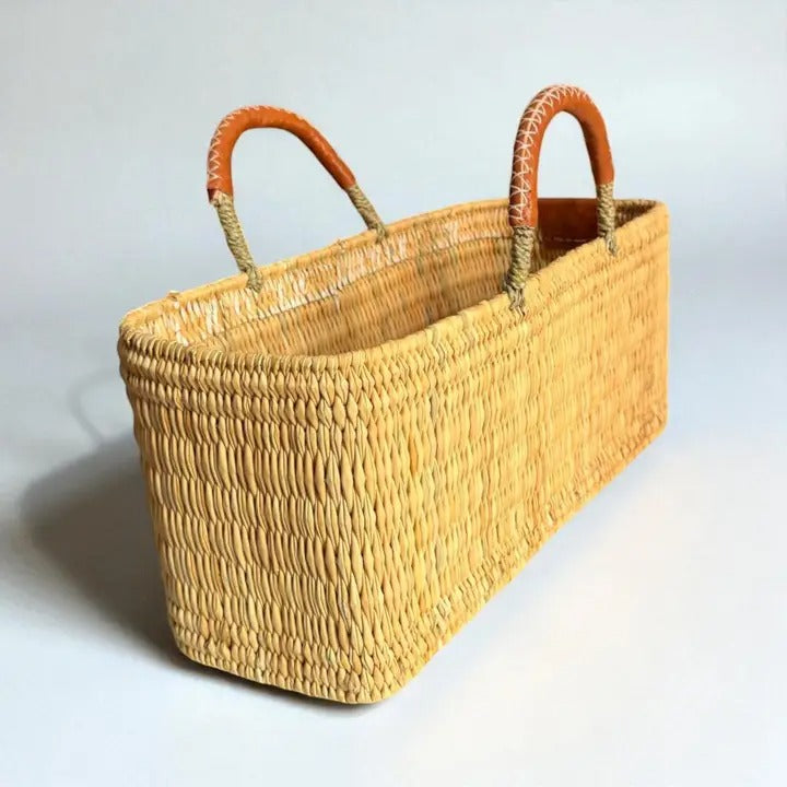 Rectangular Straw Storage Basket with Leather Handles