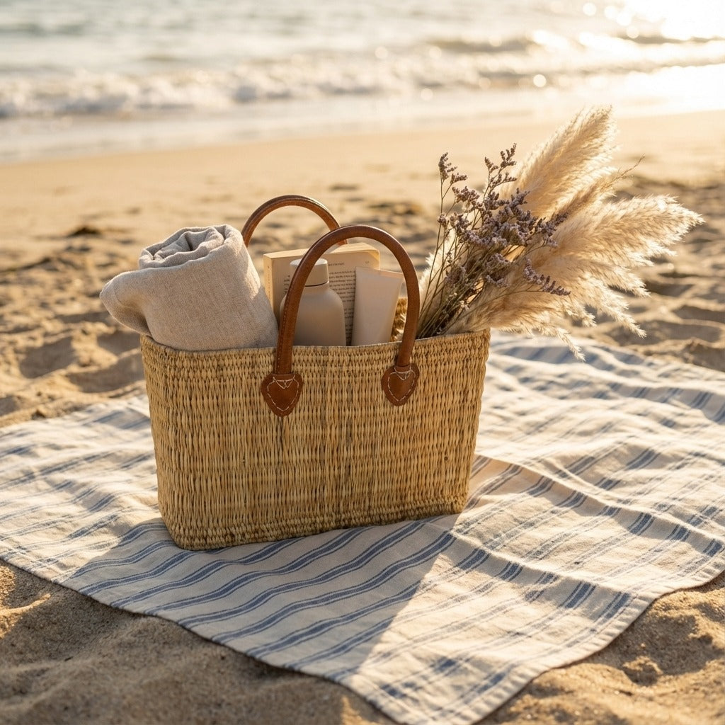 Rectangular Straw Market Bag with Leather Handles - Woven Beach Tote