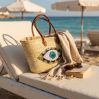 Evil Eye Straw Bag, Large Sequin Woven Market Tote & Leather Handles