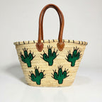 Woven Straw Cactus Tote Bag Market Basket Leather Handles