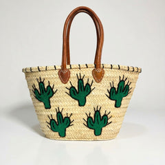 Embroidered Cactus Straw Tote Bag with Leather Handles - Summer Beach & Market Carryall