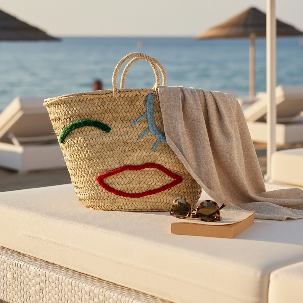 Woven Straw Market Tote Bag with Embroidered Winking Face Design