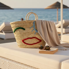 Woven Straw Market Tote - Embroidered Winking Face Bag