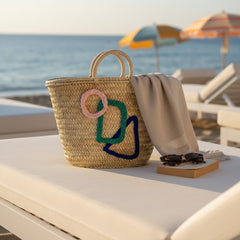 Geometric Embroidered Woven Straw Market Basket Tote