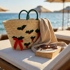 Christmas Holly Straw Tote Bag - Woven Holiday Market Basket