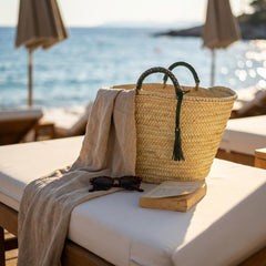 Woven Palm Leaf Market Basket Leather Handles Tassel