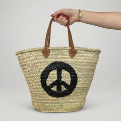 Sequin Peace Sign Straw Market Tote Bag Leather Handles