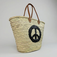 Sequin Peace Sign Straw Market Tote Bag Leather Handles