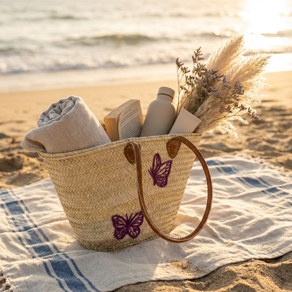Butterfly Straw Tote Bag French Market Basket Double Leather Handles