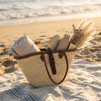 French Market Basket Straw Tote Bag with Leather Handles & Buckle Strap